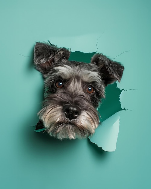 A salt and pepper mini schnauzer dog peeking curiously through a hole in a turquoise paper wall