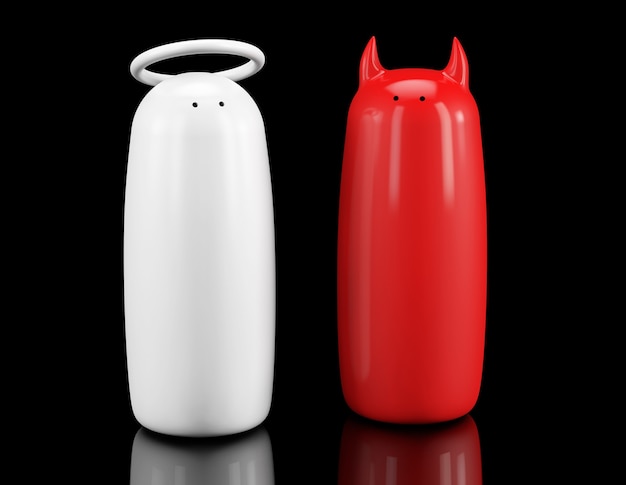 Salt and pepper shakers as angel and devil on a black background