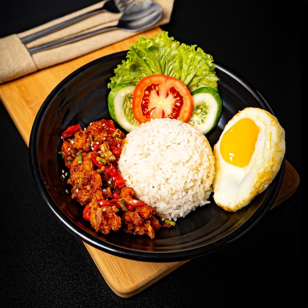 salt pepper shrimp rice bowl in black bowl on wooden cutting board