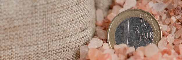 Salt price Large crystals of pink Himalayan salt closeup A coin in a pile of salt as a symbol of rising prices