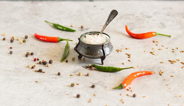 Salt in salt shaker capsicum peppercorns cumin on light concrete background