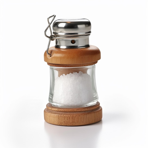 A salt shaker with a wooden lid and a silver lid sits on a white background.