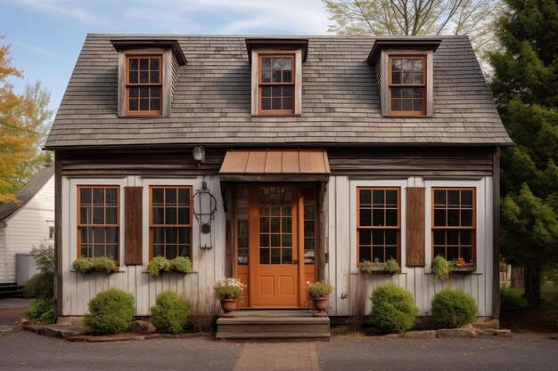 Photo saltbox style property with carved wooden shutters