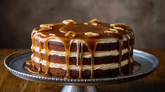 Salted caramel cake with layers and rich frosting on a dark setting