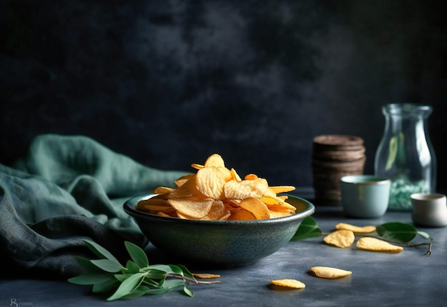 Salted chips on table stock food photography