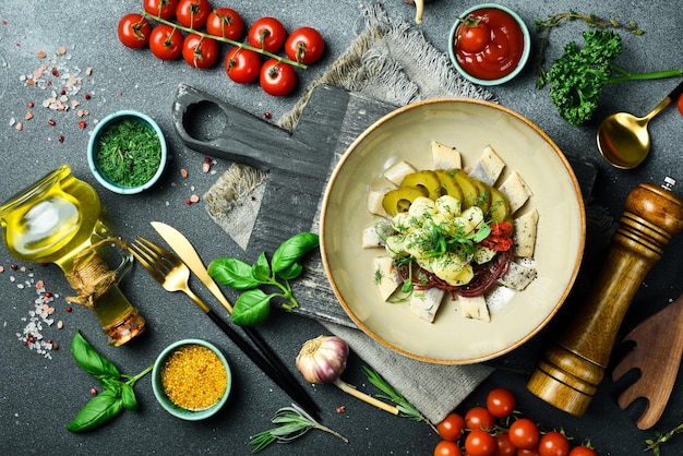 Salted herring with potatoes and pickles On a plate Restaurant serving Close up On a dark stone background