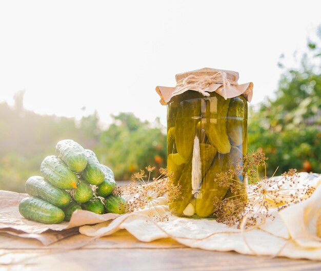 Salted pickled cucumbers in a jar on a wooden table in the garden Cucumbers herbs dill garlic Preservation conservation Background copy space Sunny bright day