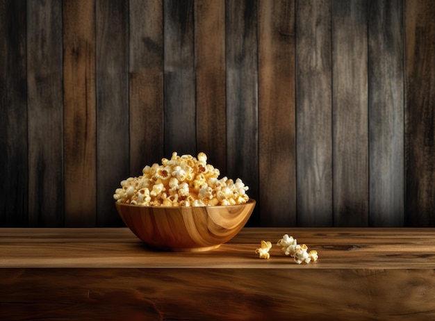 Salted popcorn in wooden bowl unhealthy food wooden kitchen table background top view