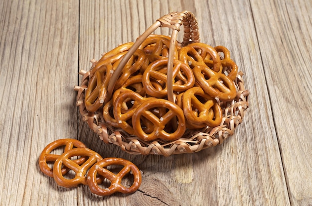 Salted pretzels in basket