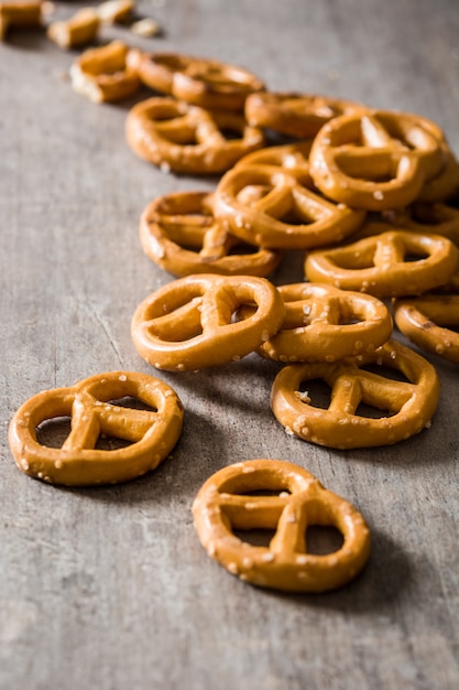 Salted pretzels on wooden