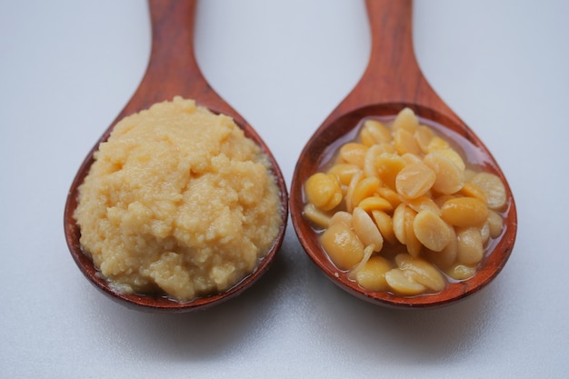 Salted soy beans paste on Wooden spoon