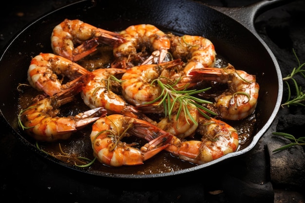 Photo saltgrilled raw shrimp in an iron pan