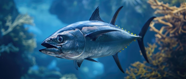Солнечная рыба синий тунец, известная как Thunnus Thynnus, грациозно плавает