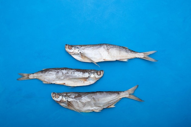 Salty dried fish on blue background Sabrefish Pelecus cultratus popular beer appetizer