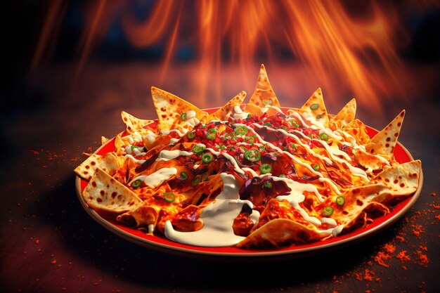 Salty and fiery red sauced nachos Popular Mexican snack at the movies