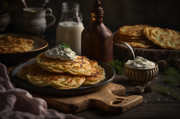 Salty potato pancakes with sour cream hash browns Generative AI