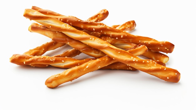Salty rocker pretzel sticks isolated on white background