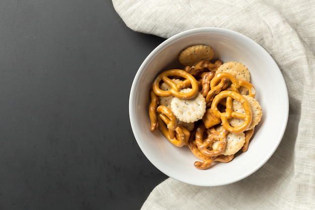 Salty snacks. Pretzels, chips, crackers