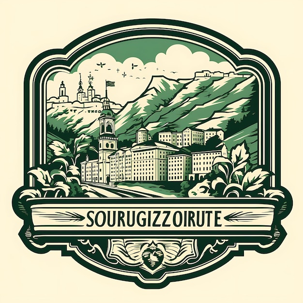 Salzburg City With Monochrome Alpine Green Color Hohensalzbu Creative Unique Stamp of Beauty Cities