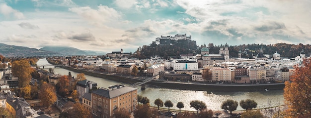 Salzburg old city in autumn colorful sunshine Austria Panorama