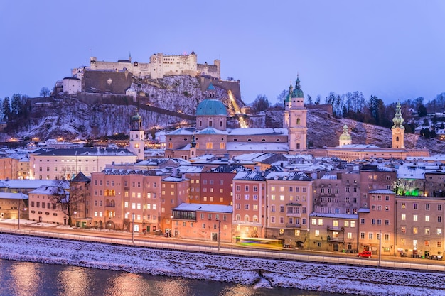 Salzburg old city at christmas time snowy in the evening Austria