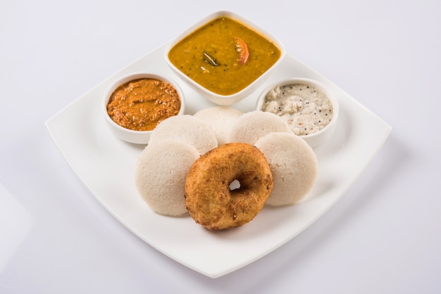 Sambar Vada & Idli a south Indian food served with coconut and red tomato chutney