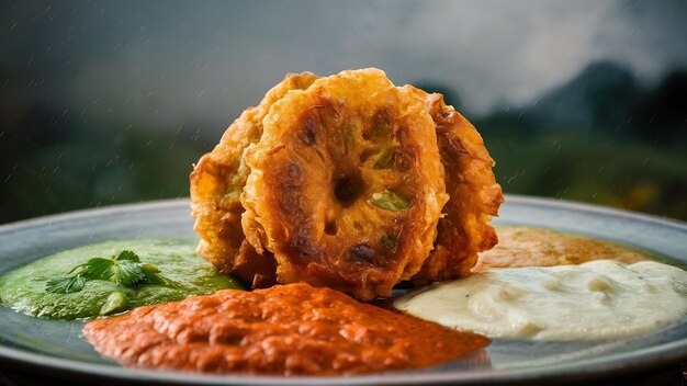 Photo sambar vada or medu vada a popular south indian food served with green red and coconut chutney ov