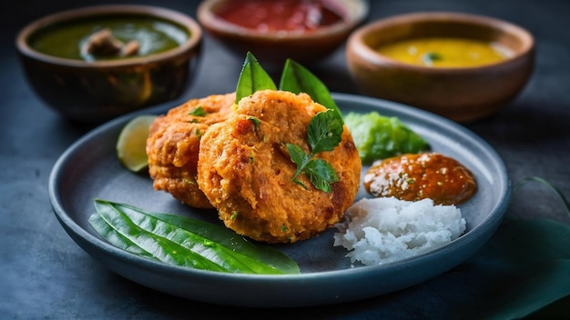 Photo sambar vada or medu vada a popular south indian food served with green red and coconut chutney ov