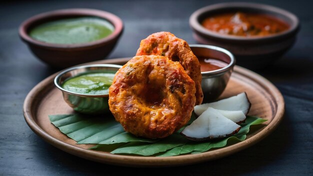 Sambar vada or medu vada a popular south indian food served with green red and coconut chutney ov