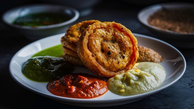 Photo sambar vada or medu vada a popular south indian food served with green red and coconut chutney ov