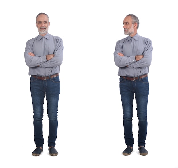 Same middle aged man standing and arms crossed on white background