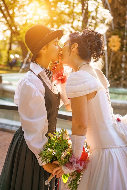 same-sex wedding of two women kissing