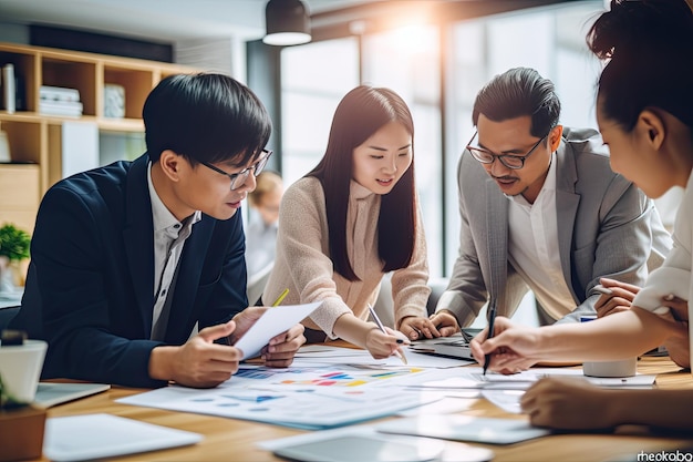 Samen brainstormen Aziatische zakelijke professionals verenigen zich om webontwerp voor mobiel te innoveren