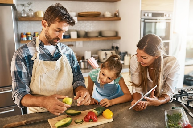 Samen een nieuwe techniek beheersen Shot van twee gelukkige ouders en hun jonge dochter die samen een nieuw recept proberen in de keuken