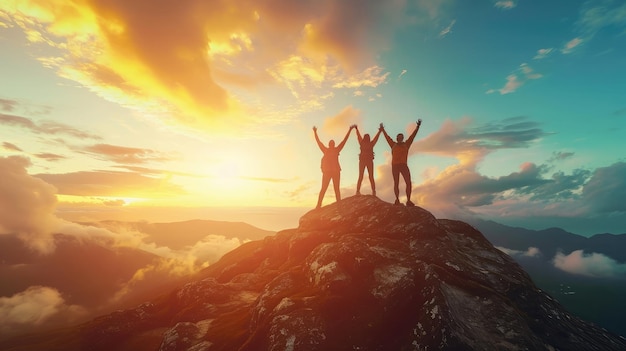 Samen obstakels overwinnen als een groep van drie mensen die hun handen opsteken op de top van een berg Vier de overwinning en het succes op de achtergrond van de zonsondergang Doelprestatiesymbool