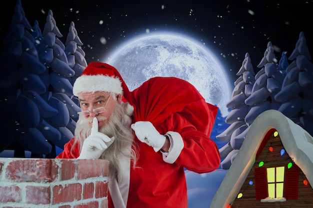 Samengesteld beeld van de Kerstman met vinger op lippen die zich naast schoorsteen bevinden
