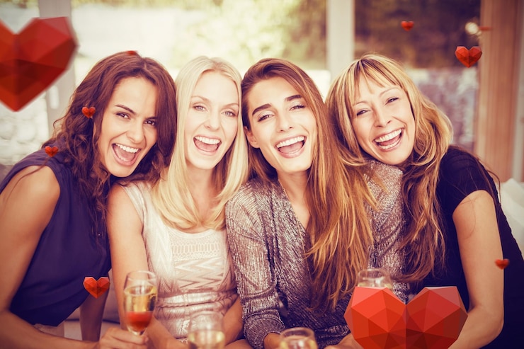 Foto samengesteld beeld van portret van mooie vrouwen die drinken