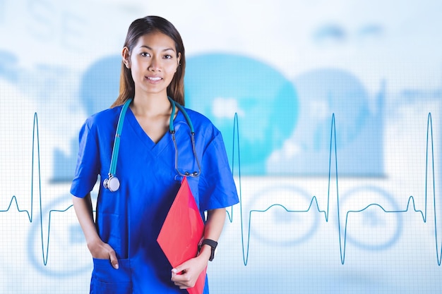 Samengestelde afbeelding van Aziatische verpleegster met stethoscoop kijken naar de camera