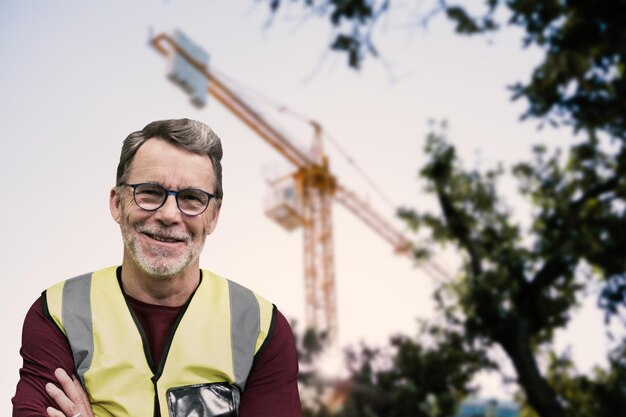 Samengestelde afbeelding van portret van senior werknemer met gekruiste armen die reflecterende kleding draagt