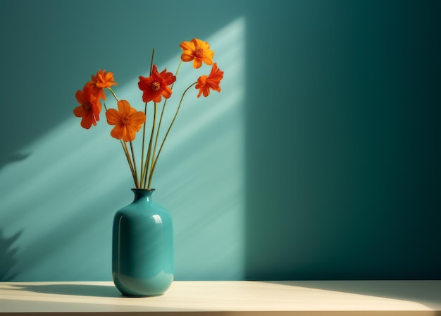 Samenstelling in stijl van minimalisme van oranje bloemen op blauwe achtergrond