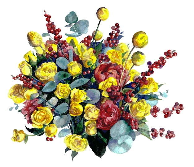 Samenstelling met gele rozen en bessen op witte achtergrond. Aquarel schilderij