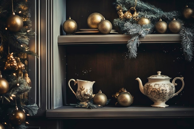 Samenstelling met kerstversieringen in het interieur en kopieerruimte