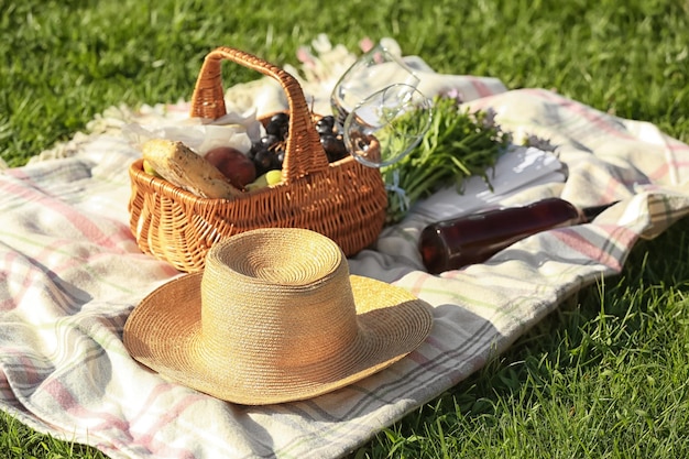 Samenstelling met picknickmand op deken buiten