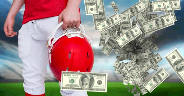 Samenstelling van Amerikaanse dollarbiljetten over buik van American Football-speler in sportstadion