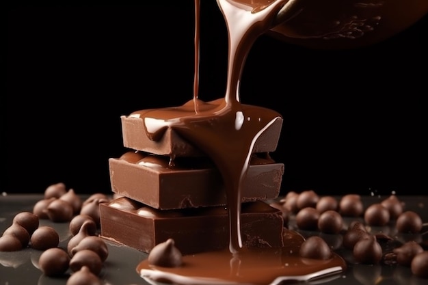 Samenstelling van chocolade met noten karamel en melk Prachtig chocolade dessert Generatieve AI