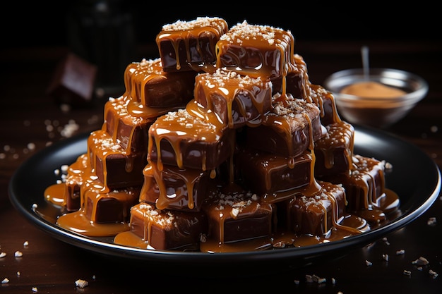 Foto samenstelling van chocolade met noten karamel en melk prachtig chocolade dessert generatieve ai