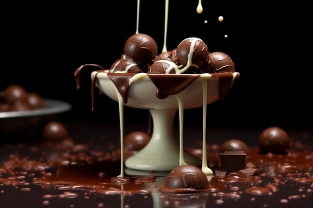 Samenstelling van chocolade met noten karamel en melk Prachtig chocolade dessert Generatieve AI