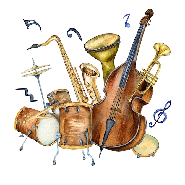 Foto samenstelling van contrabas jazz muziekinstrumenten en tekens aquarel illustratie geïsoleerd
