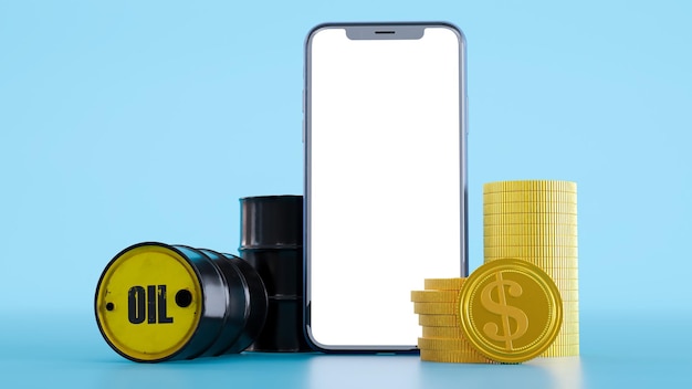 Samenstelling van een vat olie met dollar munten en smartphone 3D render