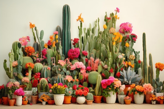 Samenstelling van een verscheidenheid aan bloeiende cactussen op een witte muur